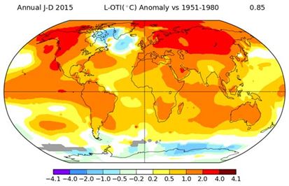 Variación de la temperatura global con respecto a la norma en 2015. Fuente: GISS