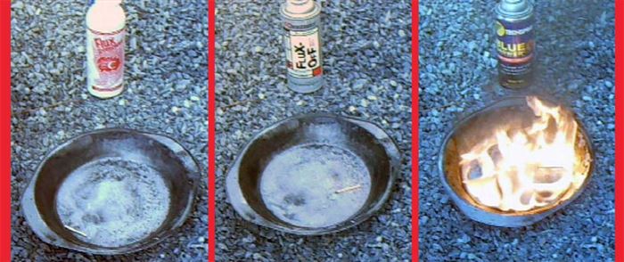 Three different aerosol cleaners tested for flammability show very different results. See text for explanations.