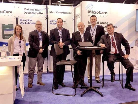 The MicroCare team at MDM West 2018; (l-r) Emily Peck, Senior Chemist; Keith Sanducci, Dan Sinclair, Dave Ferguson, Kevin Marion, and Don Phipher.