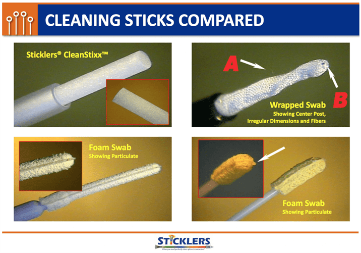 Microphotographs of four different fiber cleaning sticks, compared.