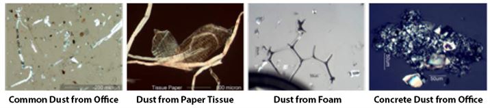 These microphotographs show four different types of particulate contamination frequently found on fiber end-faces.